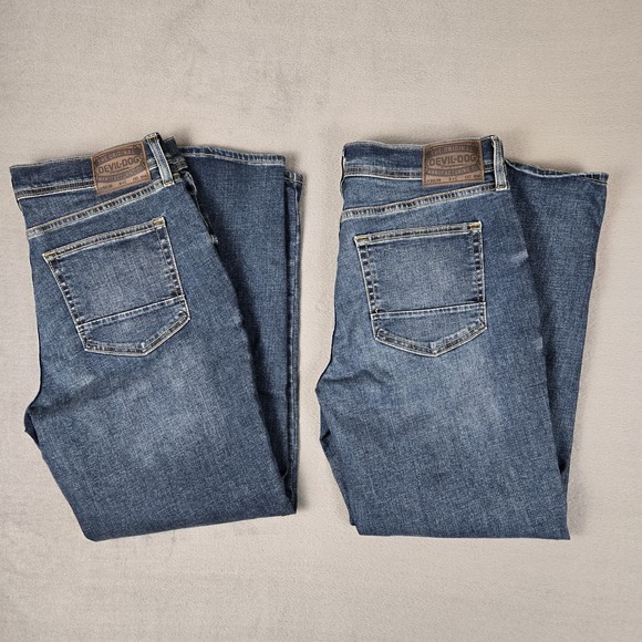 Devil Dog Jeans Lot Of 2 Mens 34x30 Blue Medium Wash Cotton Stretch Athletic Fit - Picture 1 of 15